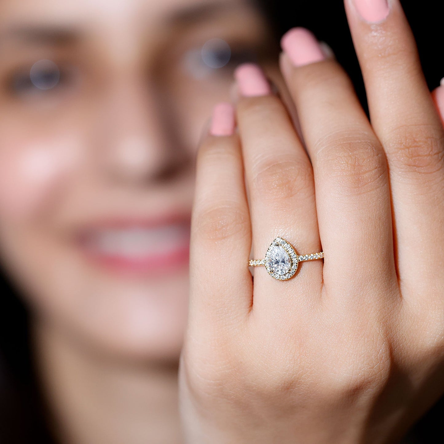 Certified 0.7 Carat Pear Shaped Moissanite Halo Engagement Ring