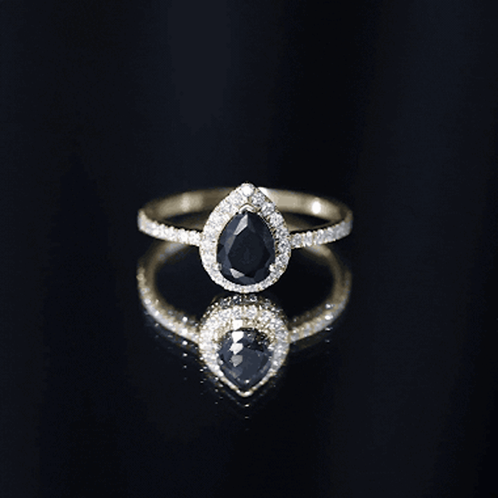 Certified 0.85 Carat Lab Grown Black Diamond Teardrop Engagement Ring with White Diamond Halo
