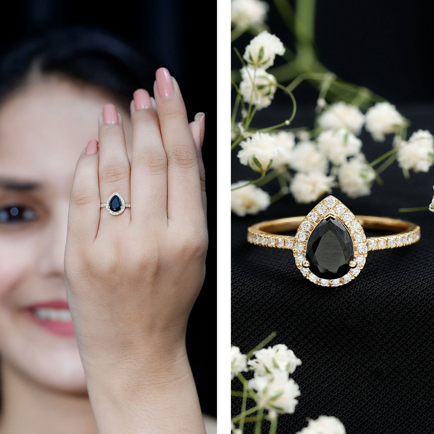 Certified 0.85 Carat Lab Grown Black Diamond Teardrop Engagement Ring with White Diamond Halo