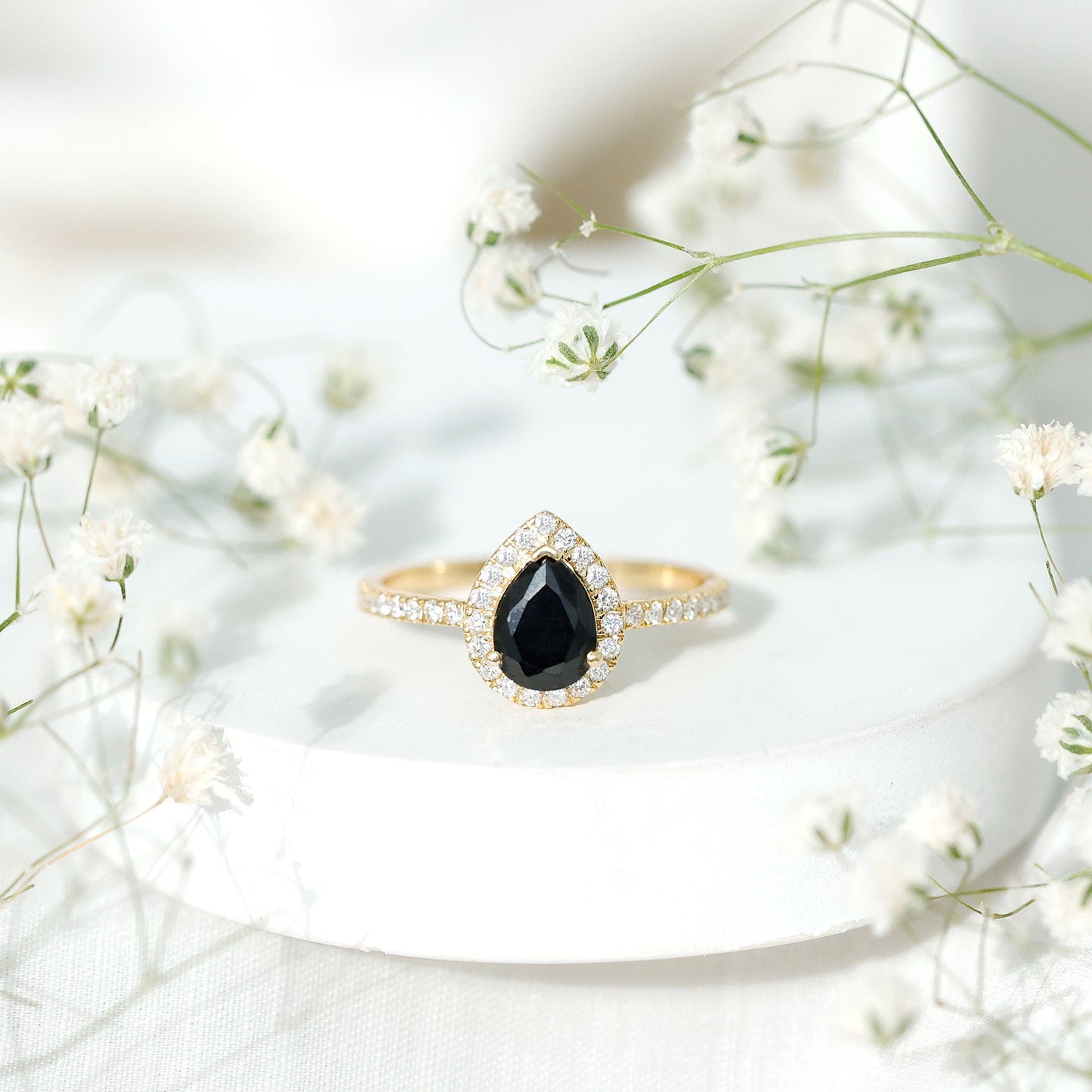 Certified 0.85 Carat Lab Grown Black Diamond Teardrop Engagement Ring with White Diamond Halo