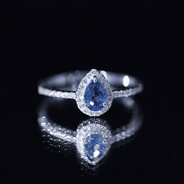 Natural Half Carat Blue Sapphire Teardrop Engagement Ring with Diamond Halo