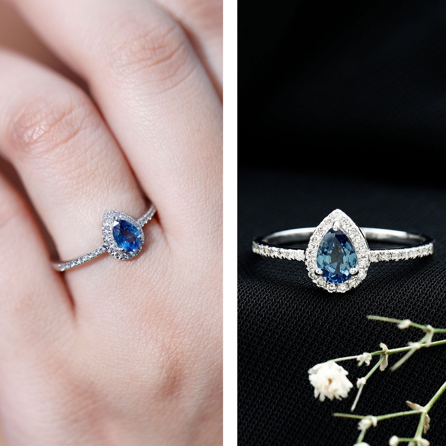 Natural Half Carat Blue Sapphire Teardrop Engagement Ring with Diamond Halo