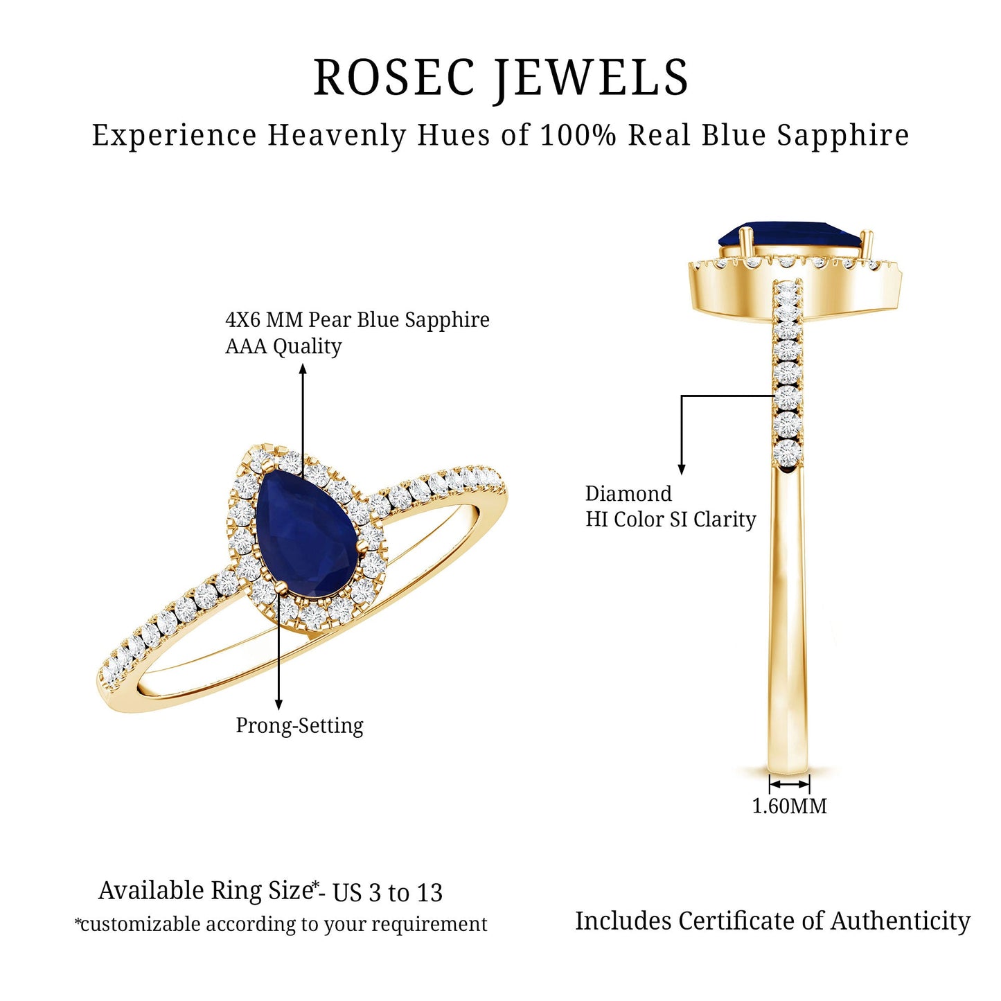 Natural Half Carat Blue Sapphire Teardrop Engagement Ring with Diamond Halo