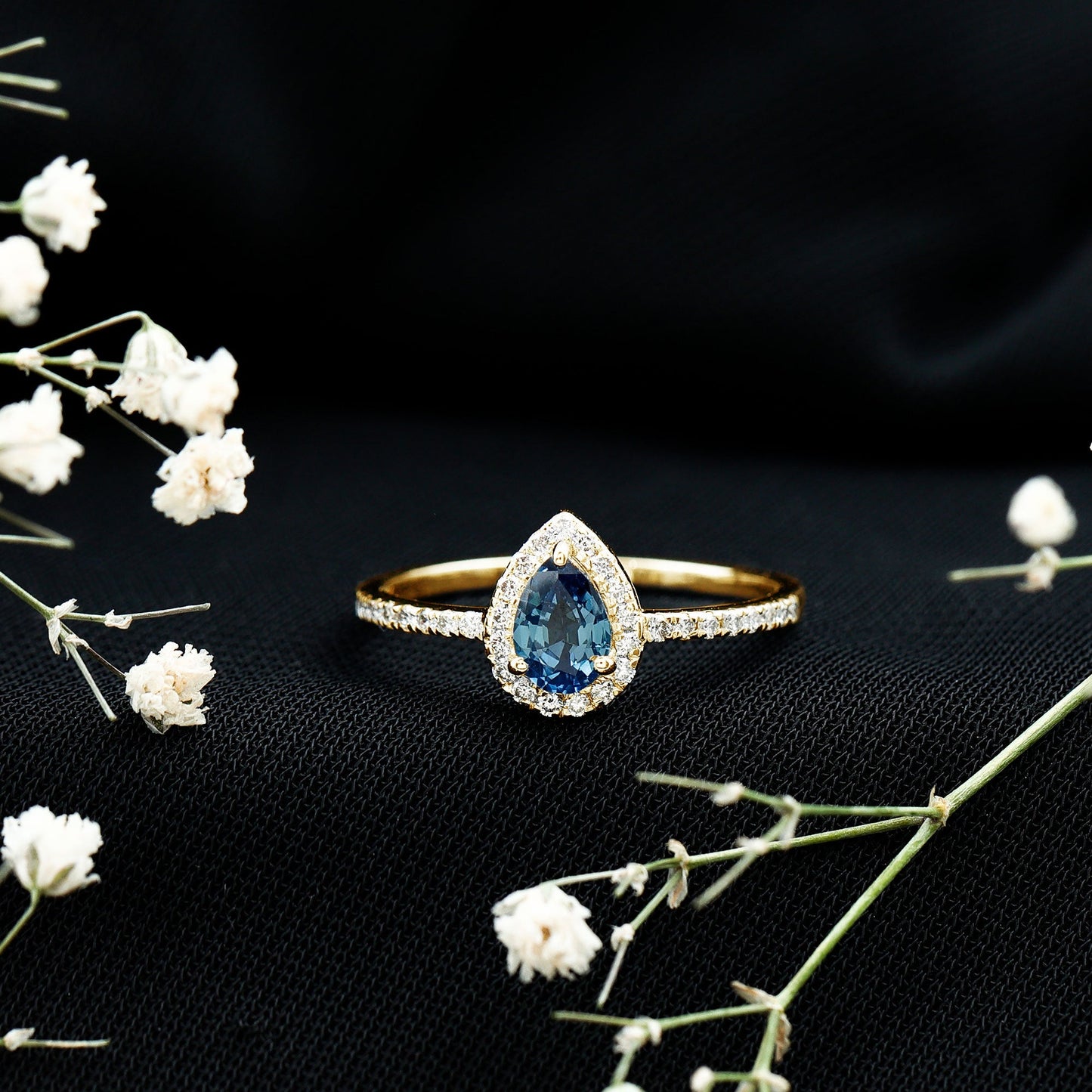 Natural Half Carat Blue Sapphire Teardrop Engagement Ring with Diamond Halo