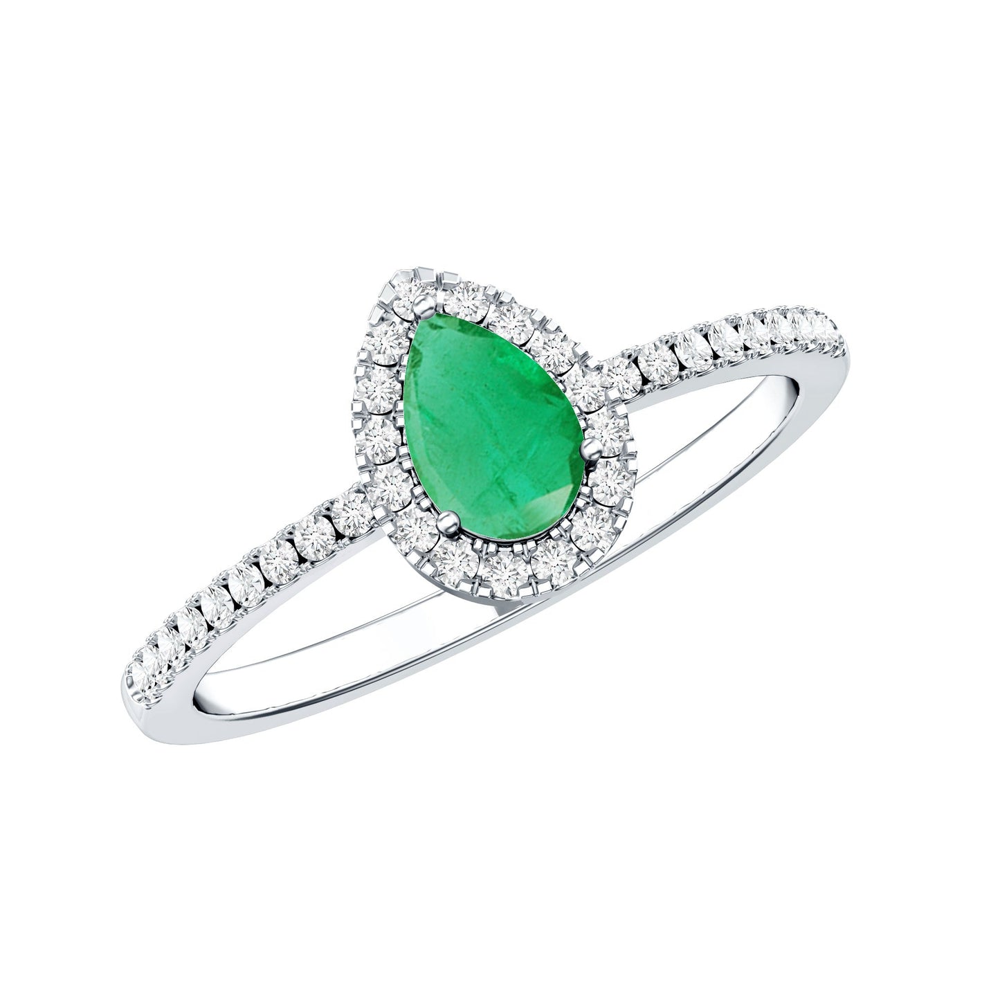 0.3 Carat Pear Cut Emerald Teardrop Engagement Ring with Diamond Halo