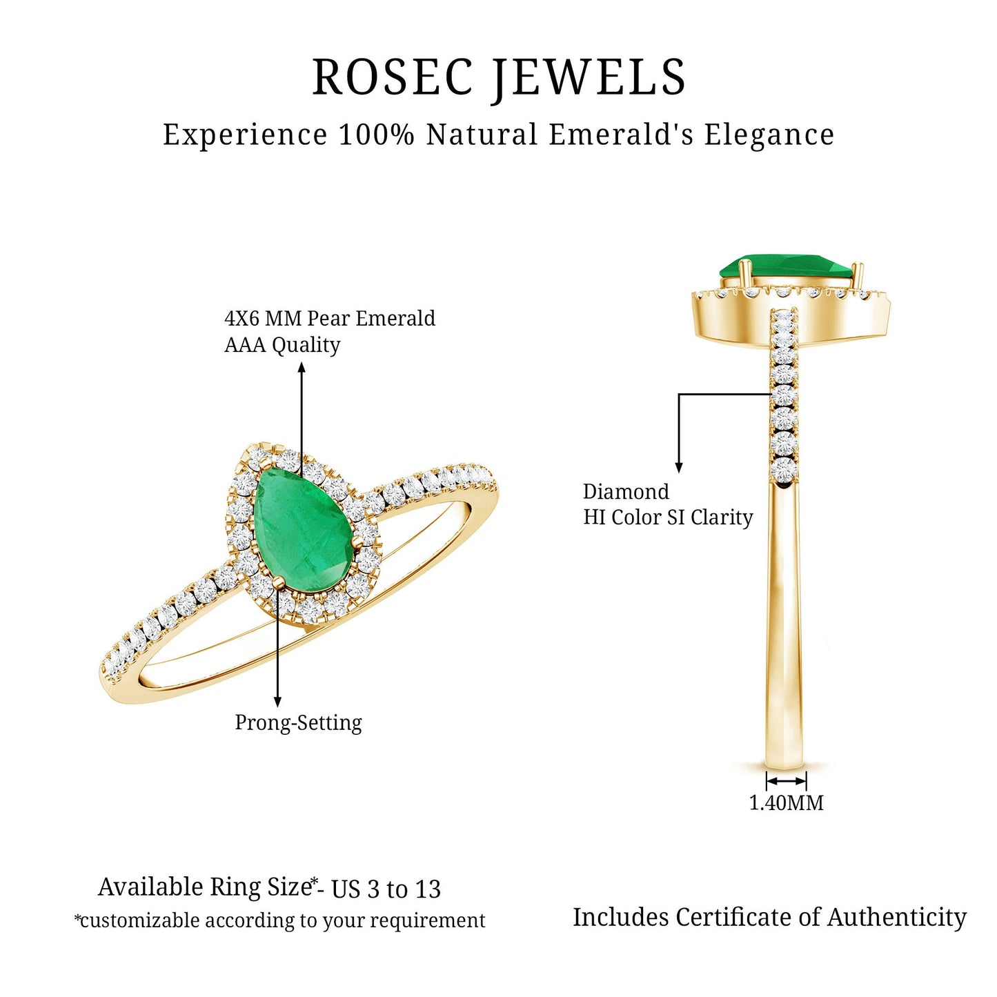0.3 Carat Pear Cut Emerald Teardrop Engagement Ring with Diamond Halo
