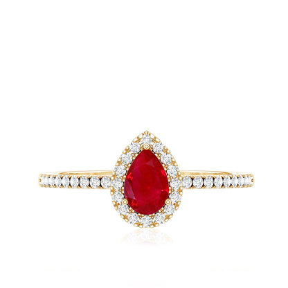 Natural Ruby Teardrop Ring with Diamond Halo