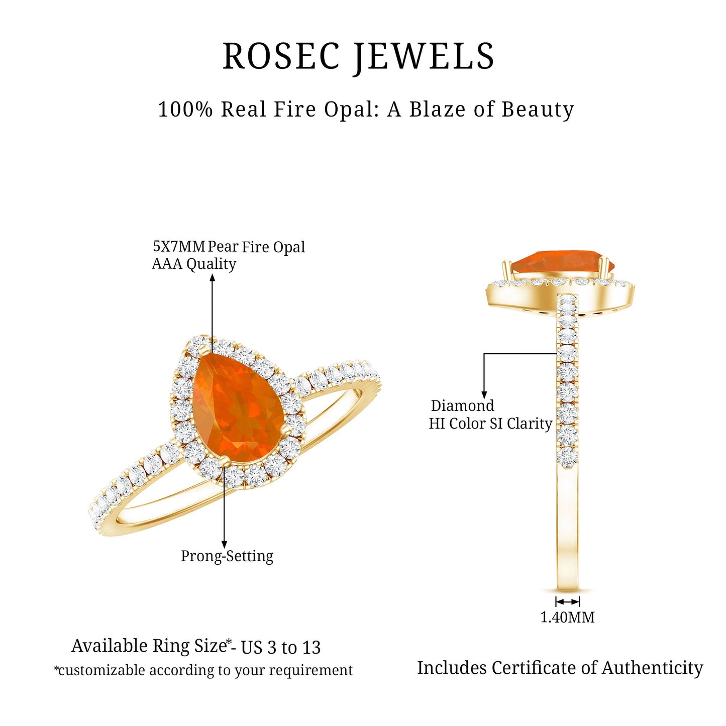 Genuine Fire Opal Teardrop Ring with Diamond Halo