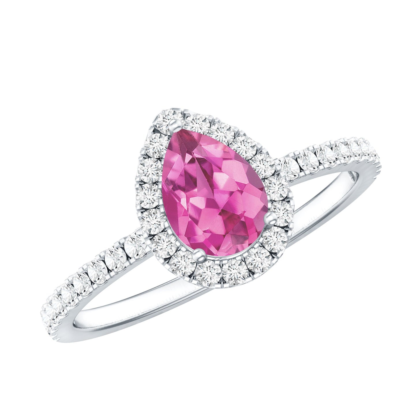 Natural Pink Tourmaline Teardrop Ring with Diamond Halo
