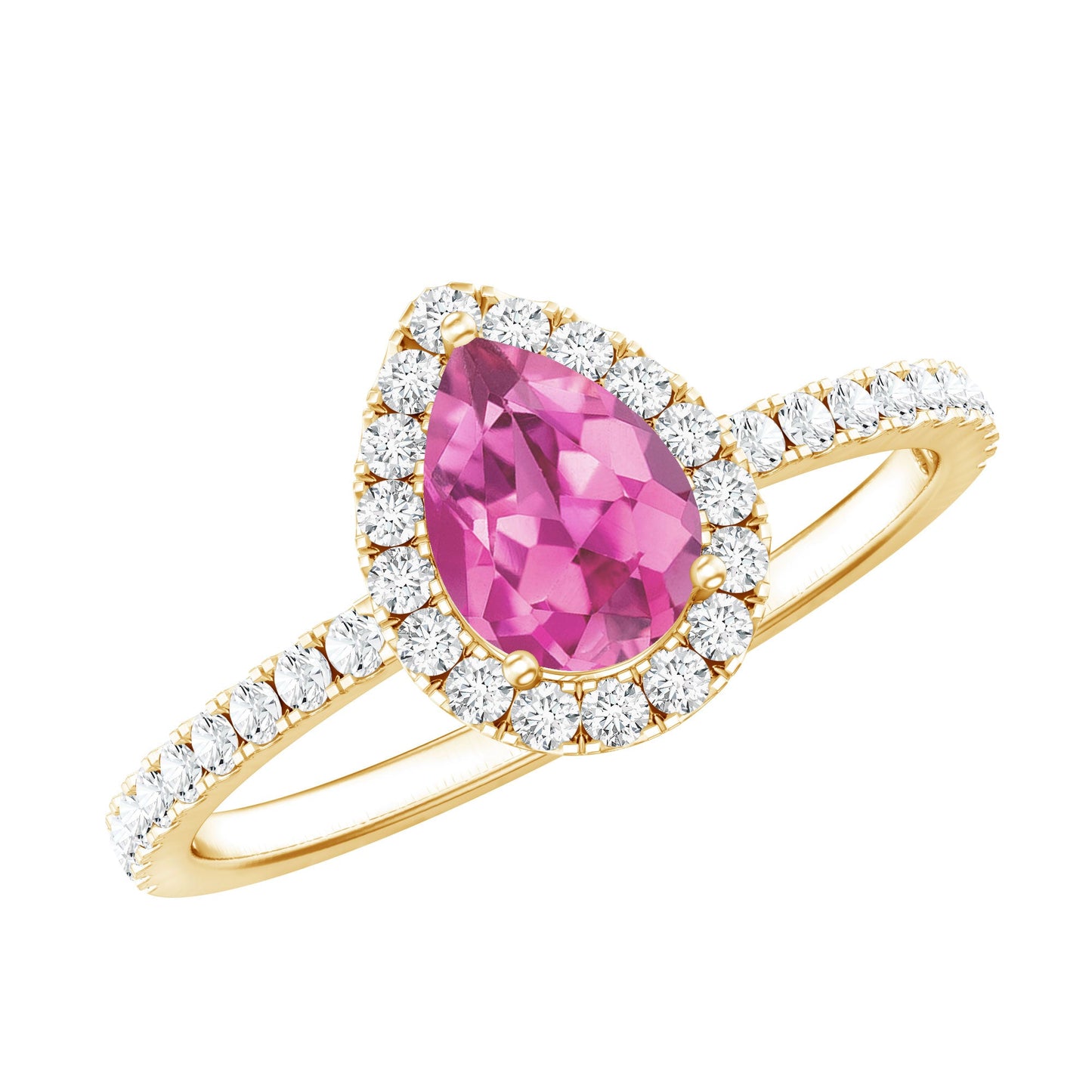 Natural Pink Tourmaline Teardrop Ring with Diamond Halo