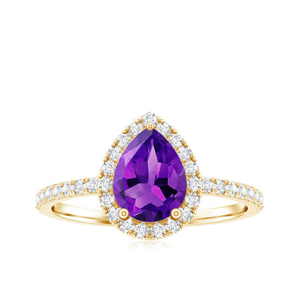 Natural Amethyst Teardrop Engagement Ring with Diamond Halo