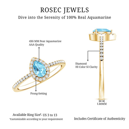 Natural Aquamarine Teardrop Engagement Ring with Diamond Halo