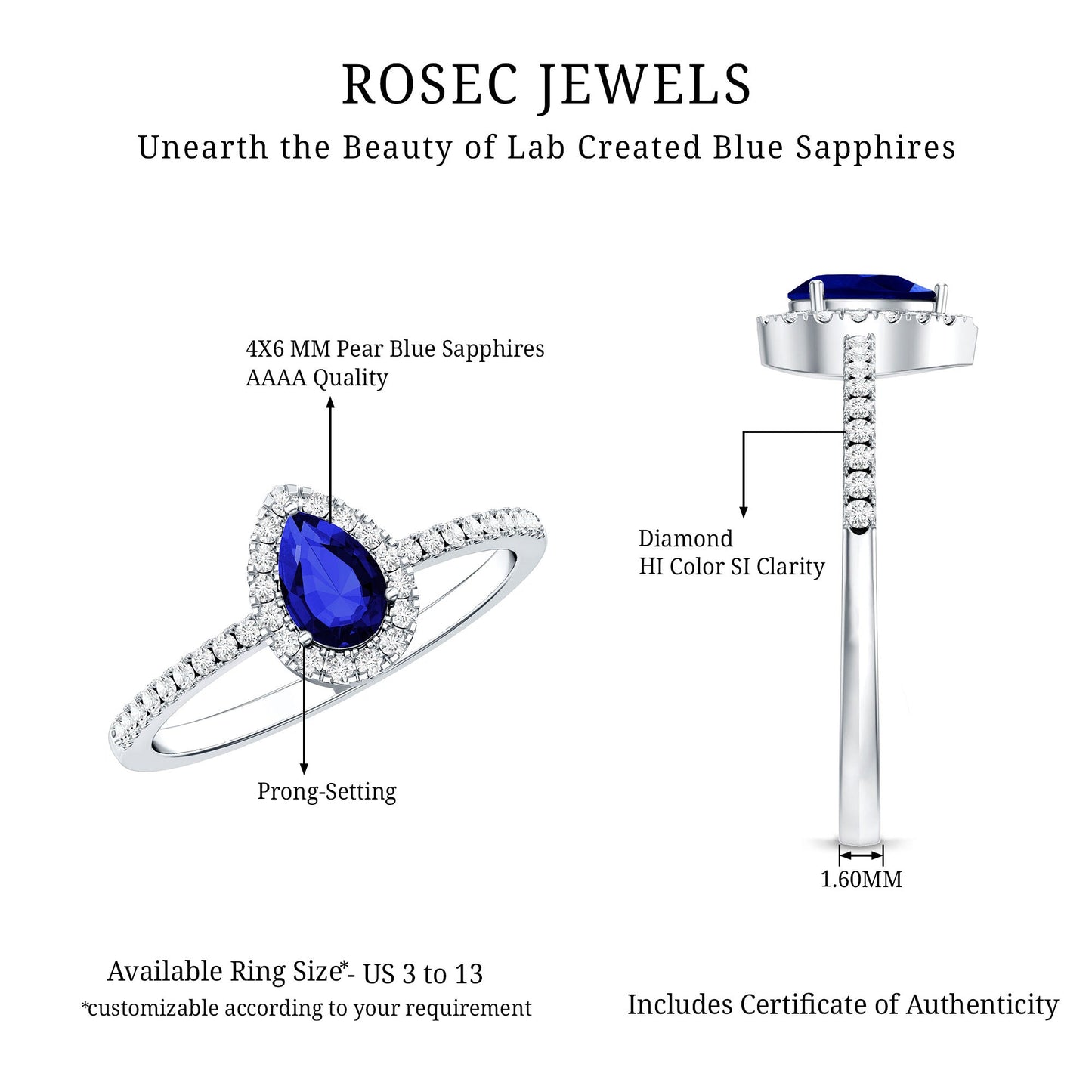 Certified Half Carat Lab Grown Blue Sapphire Teardrop Engagement Ring with Diamond Halo