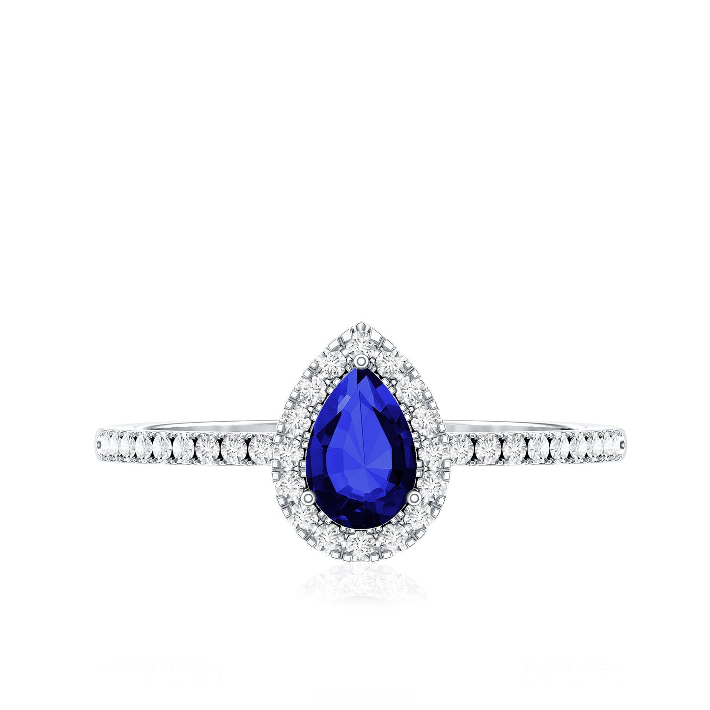 Certified Half Carat Lab Grown Blue Sapphire Teardrop Engagement Ring with Diamond Halo