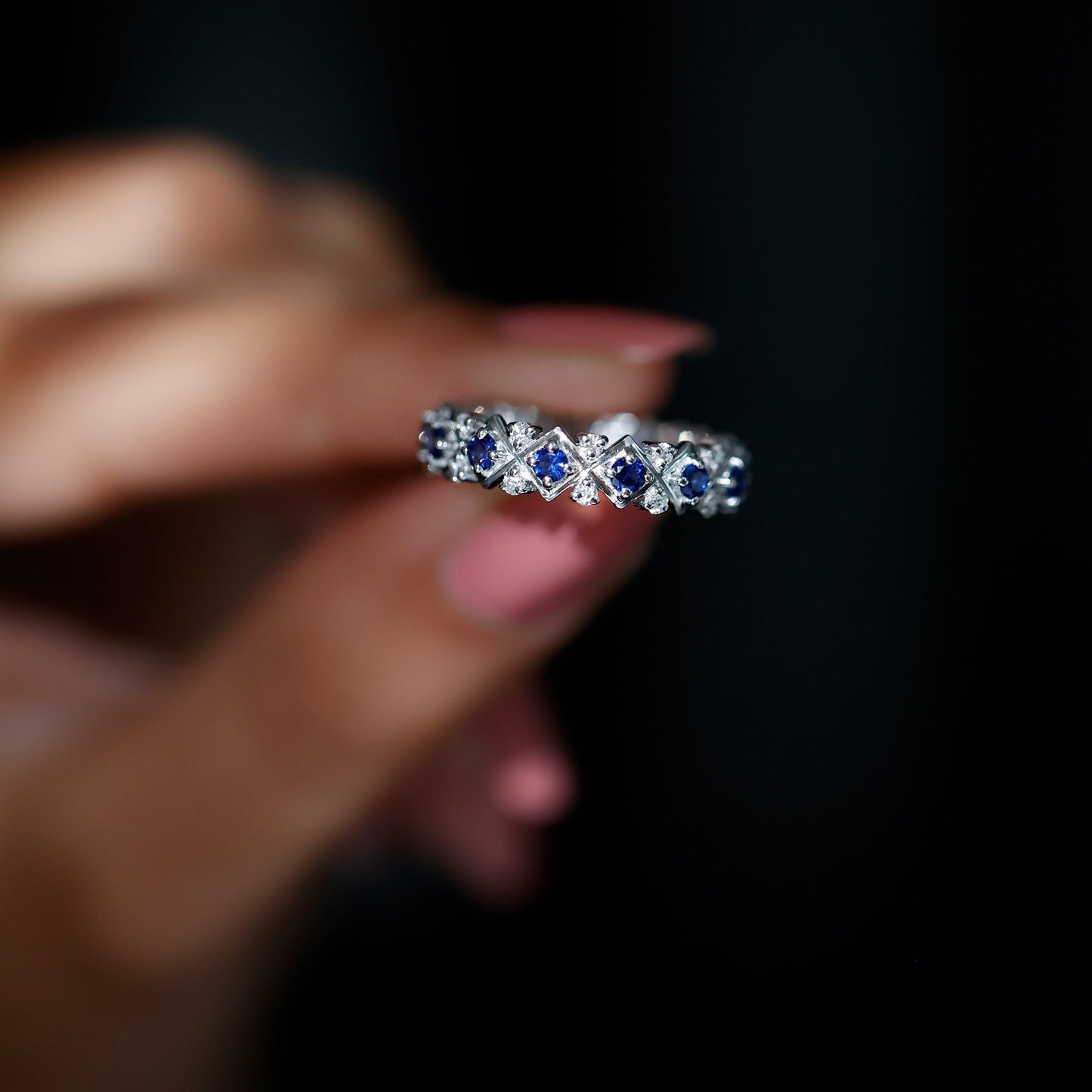 Lab Created Blue Sapphire and Diamond Designer Wedding Band for Women