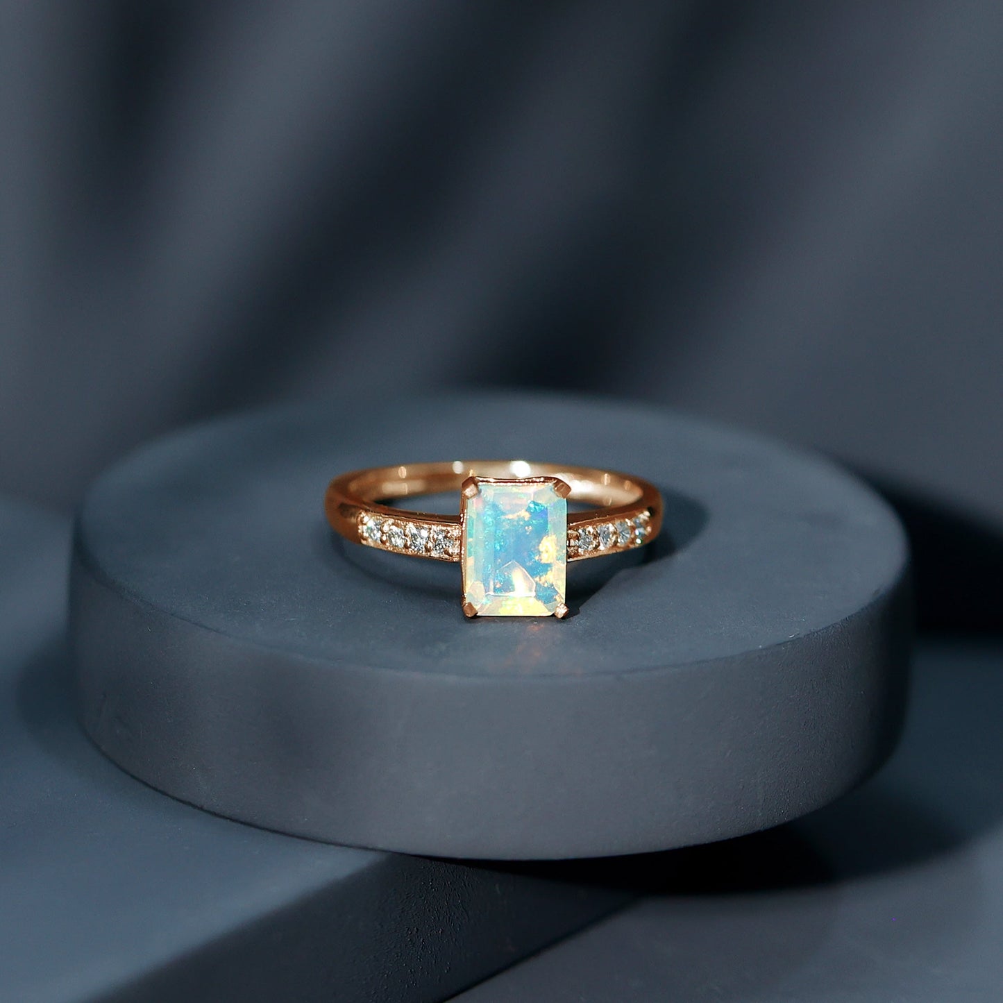 Genuine Ethiopian Opal 2 Carat Emerald Cut Engagement Ring with Diamond