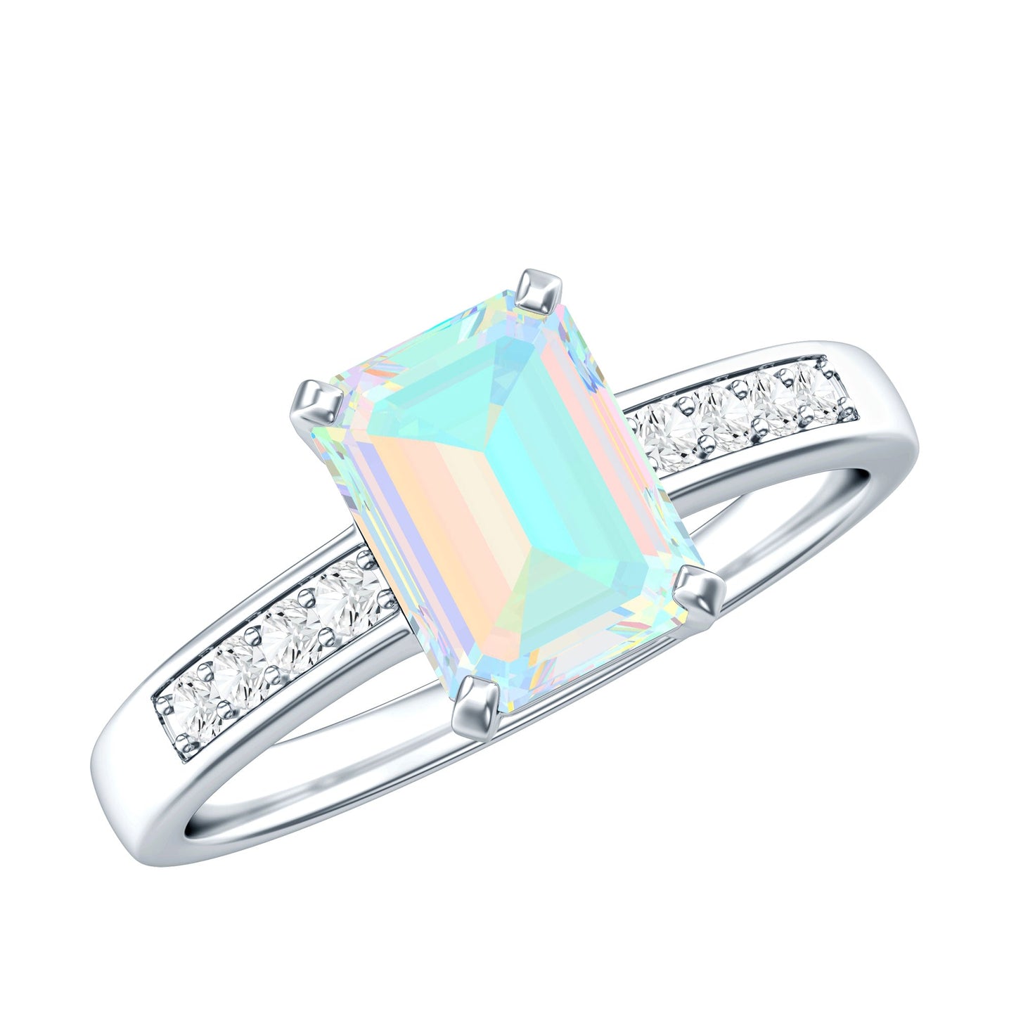 Genuine Ethiopian Opal 2 Carat Emerald Cut Engagement Ring with Diamond