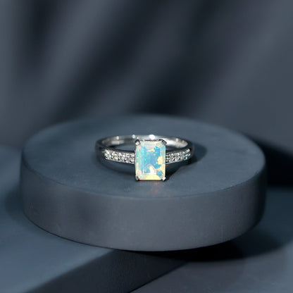 Genuine Ethiopian Opal 2 Carat Emerald Cut Engagement Ring with Diamond