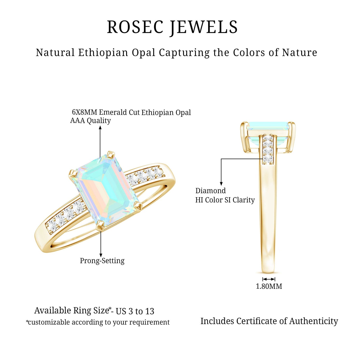 Genuine Ethiopian Opal 2 Carat Emerald Cut Engagement Ring with Diamond