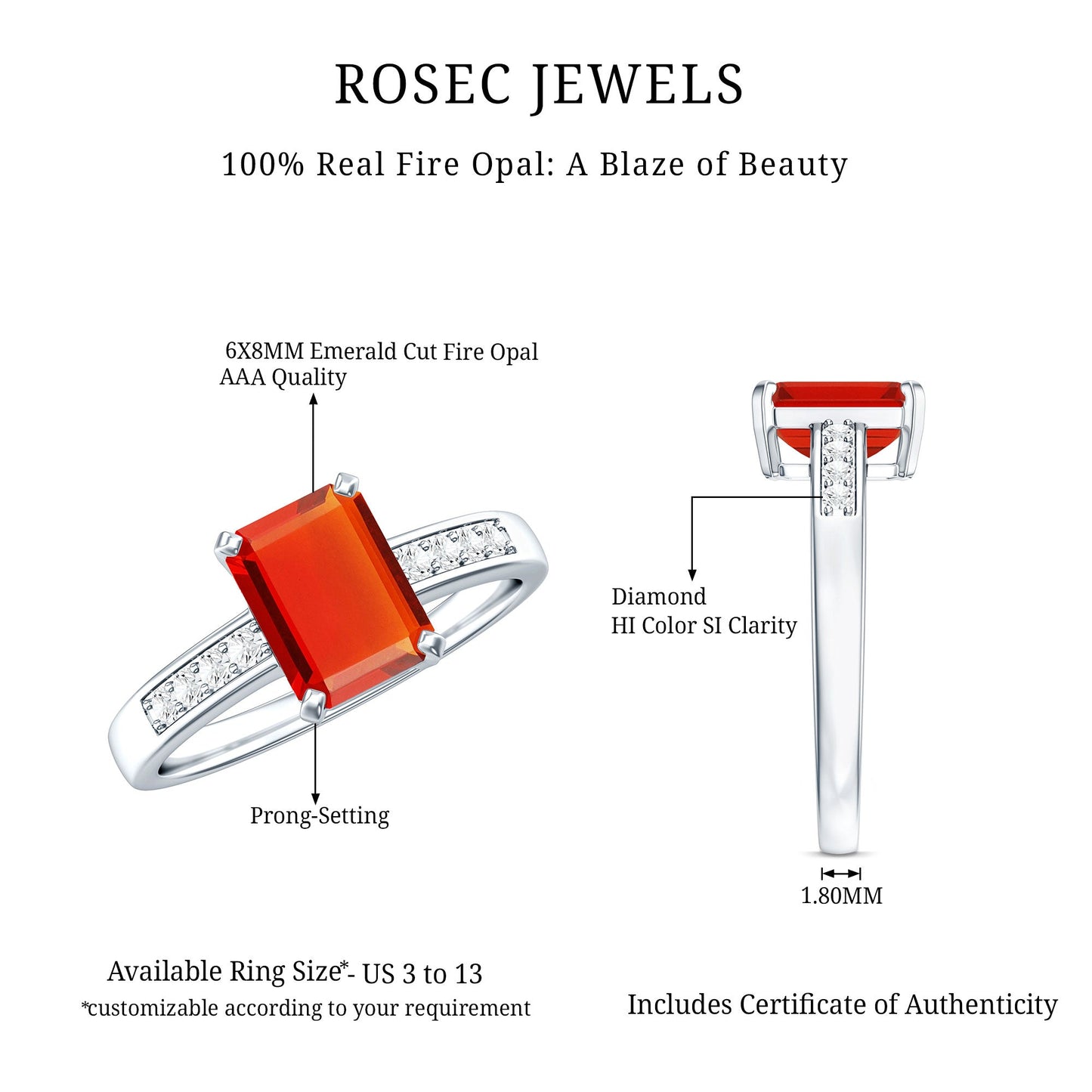 Emerald Cut Real Fire Opal Solitaire Engagement Ring with Diamond