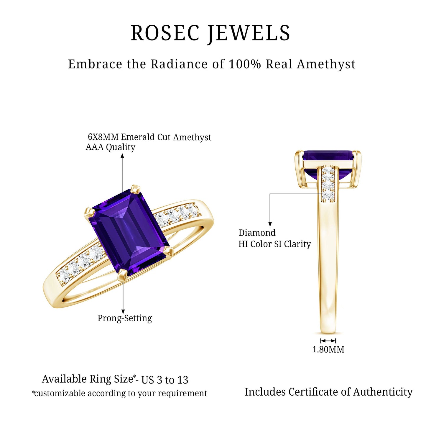 Natural 1.4 Carat Amethyst Emerald Cut Engagement Ring with Diamond