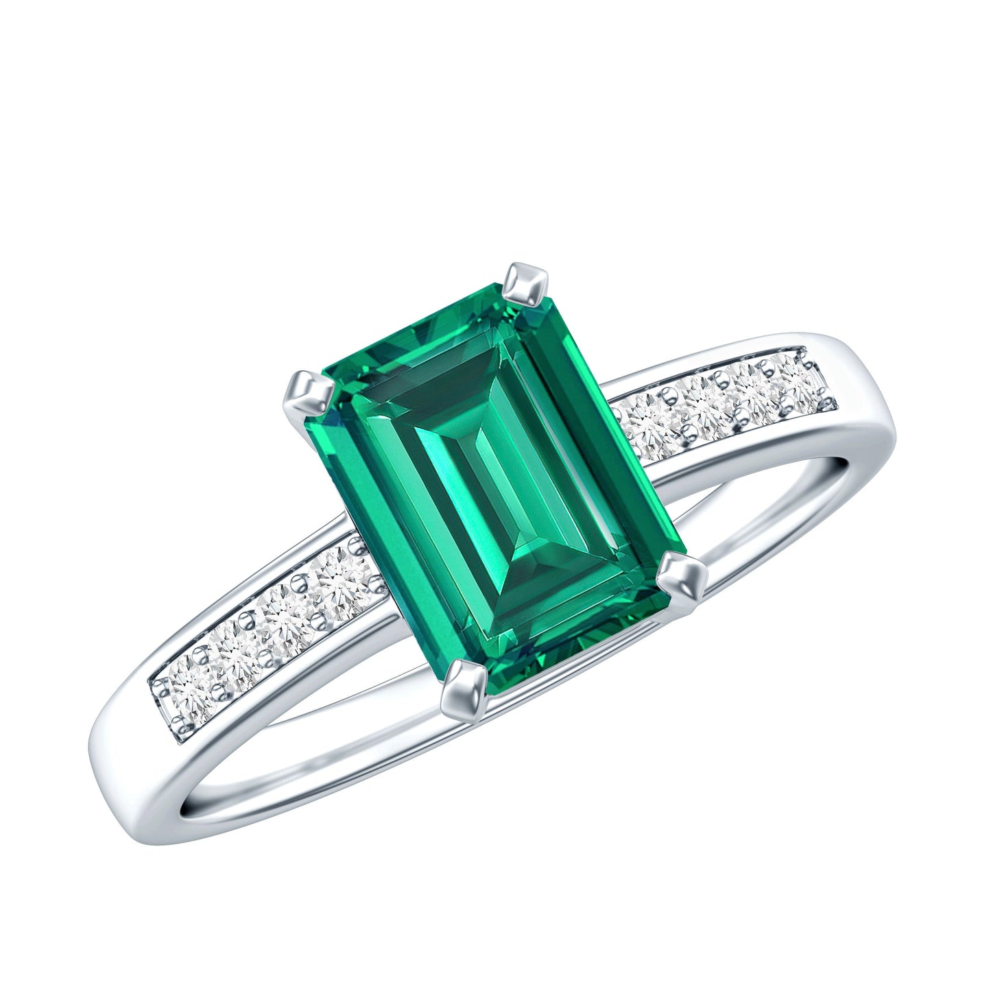 Octagon Lab Grown Emerald Solitaire Engagement Ring with Diamond