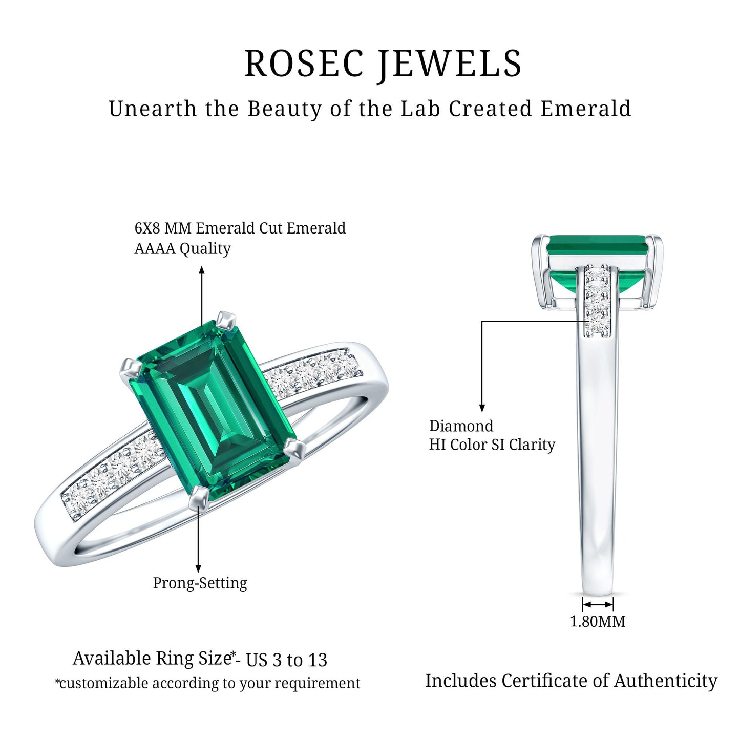 Octagon Lab Grown Emerald Solitaire Engagement Ring with Diamond