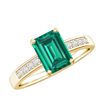 Octagon Lab Grown Emerald Solitaire Engagement Ring with Diamond