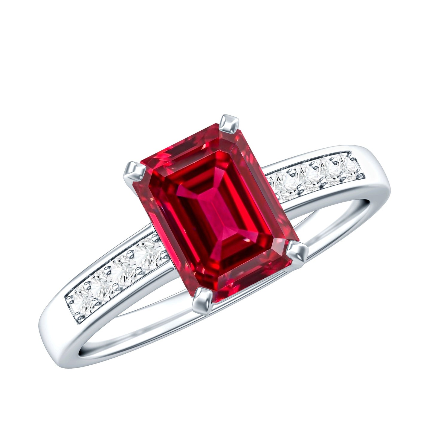 Lab Grown Ruby Emerald Cut Engagement Ring with Real Diamond