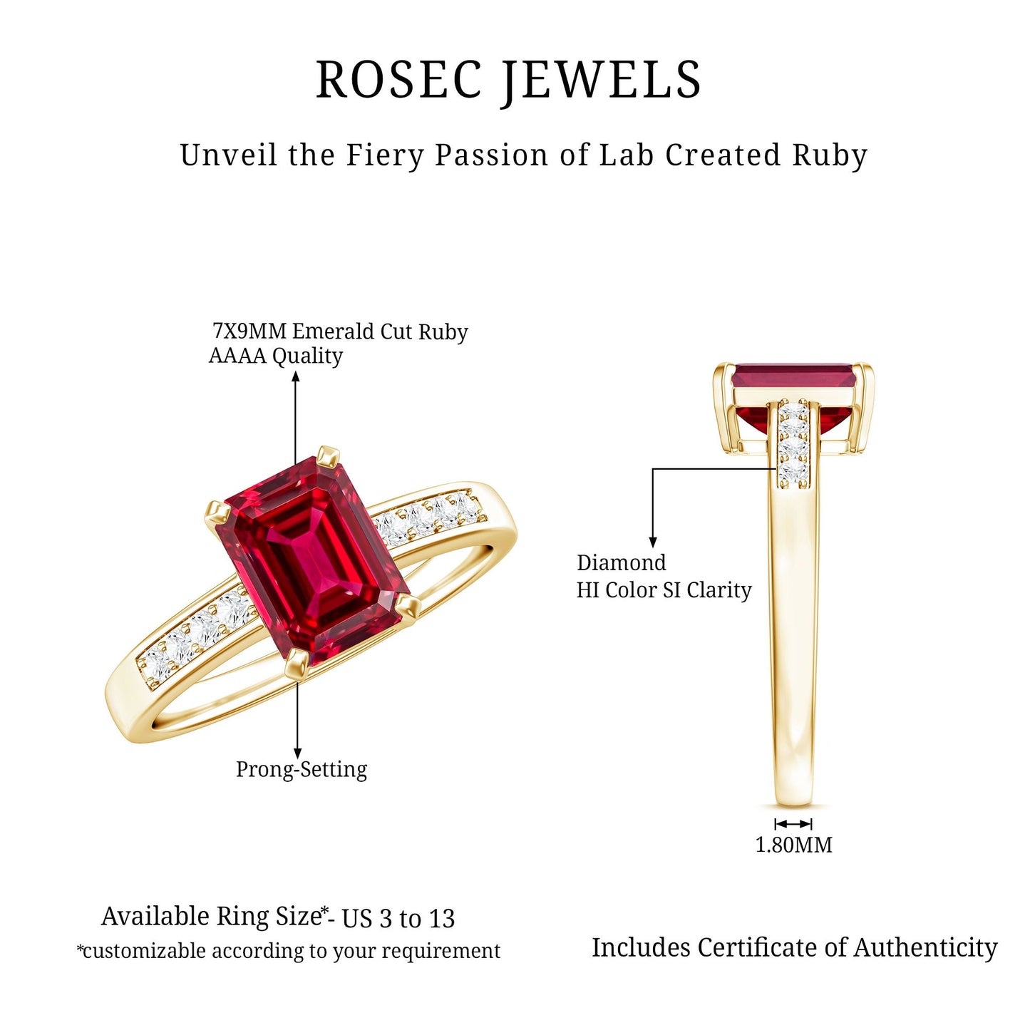 Lab Grown Ruby Emerald Cut Engagement Ring with Real Diamond