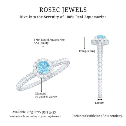 Natural Aquamarine Diamond Promise Ring with Bubble Shank