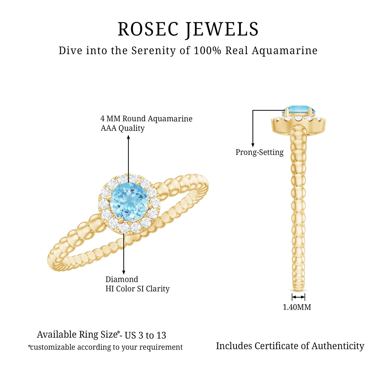 Natural Aquamarine Diamond Promise Ring with Bubble Shank