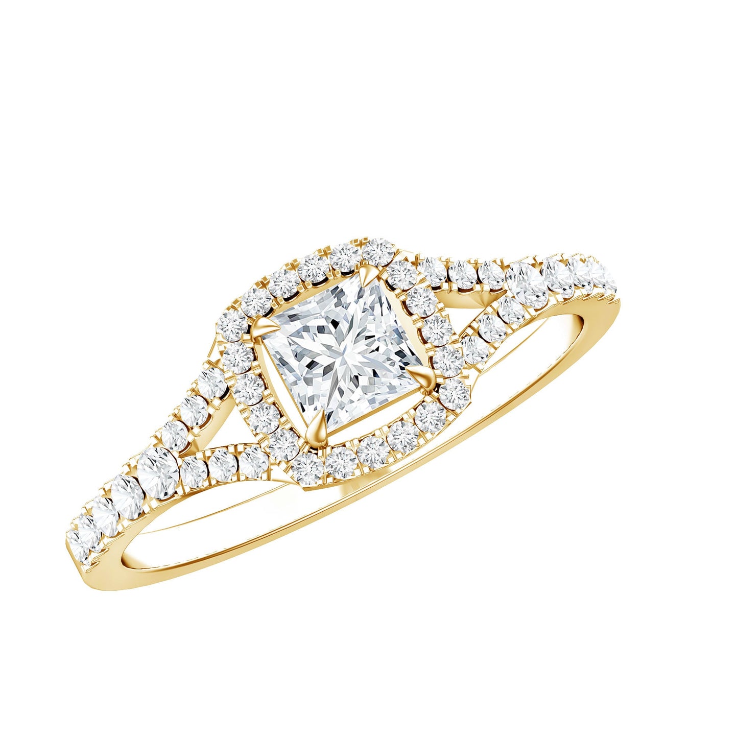 Princess Cut Moissanite Halo Engagement Ring with Split Shank