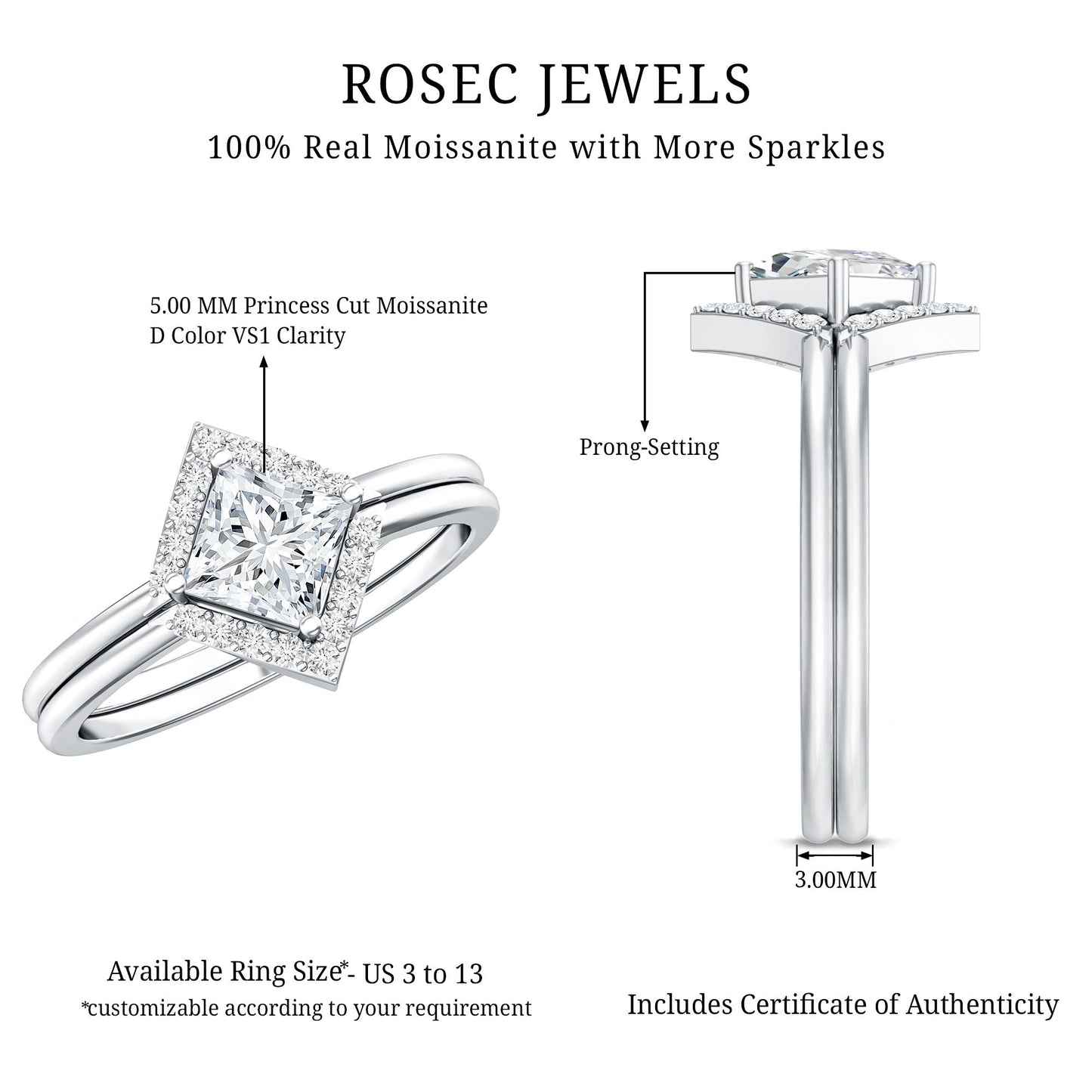 Certified Moissanite Princess Cut Wedding Ring Set for Women