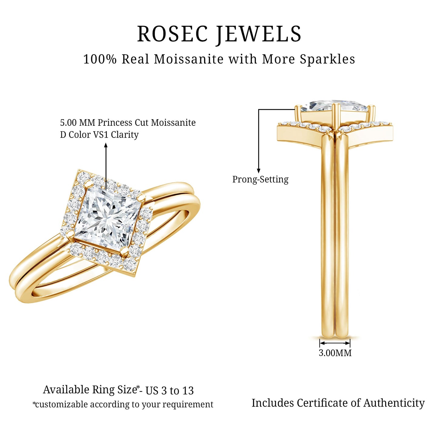 Certified Moissanite Princess Cut Wedding Ring Set for Women