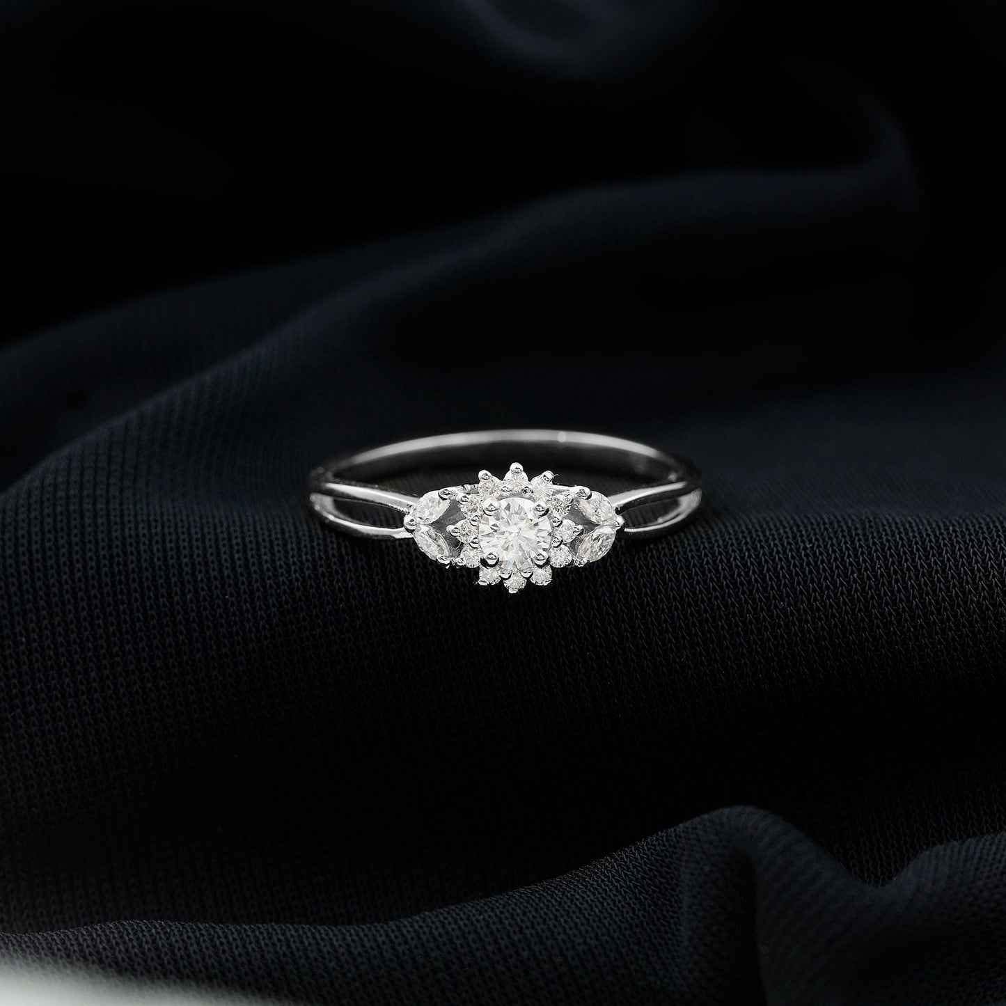Certified Moissanite Flower Engagement Ring with Split Shank