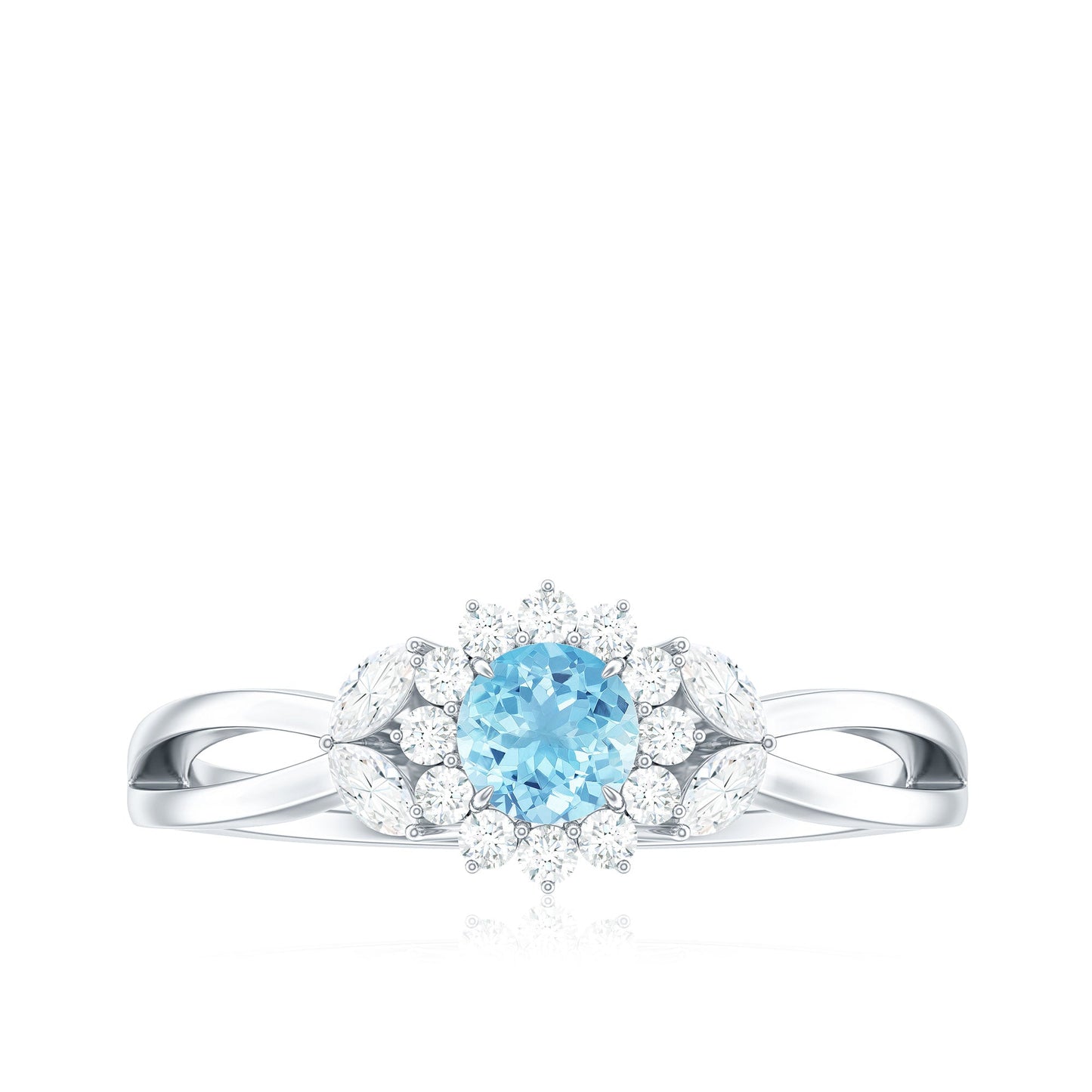Natural Aquamarine Flower Promise Ring with Diamond