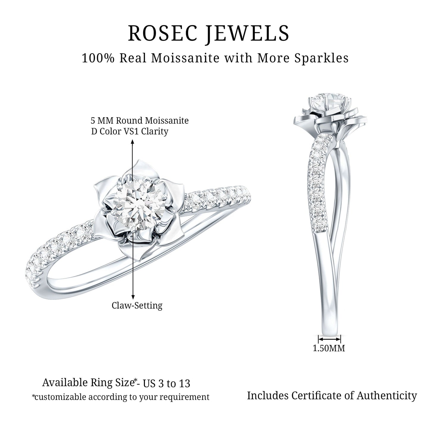 Certified Moissanite Rose Flower Engagement Ring