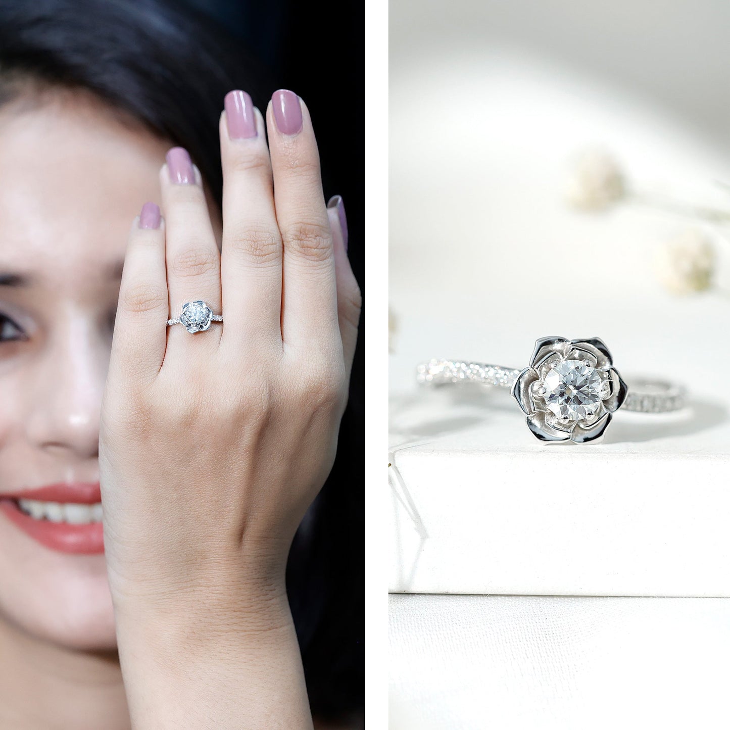 Certified Moissanite Rose Flower Engagement Ring