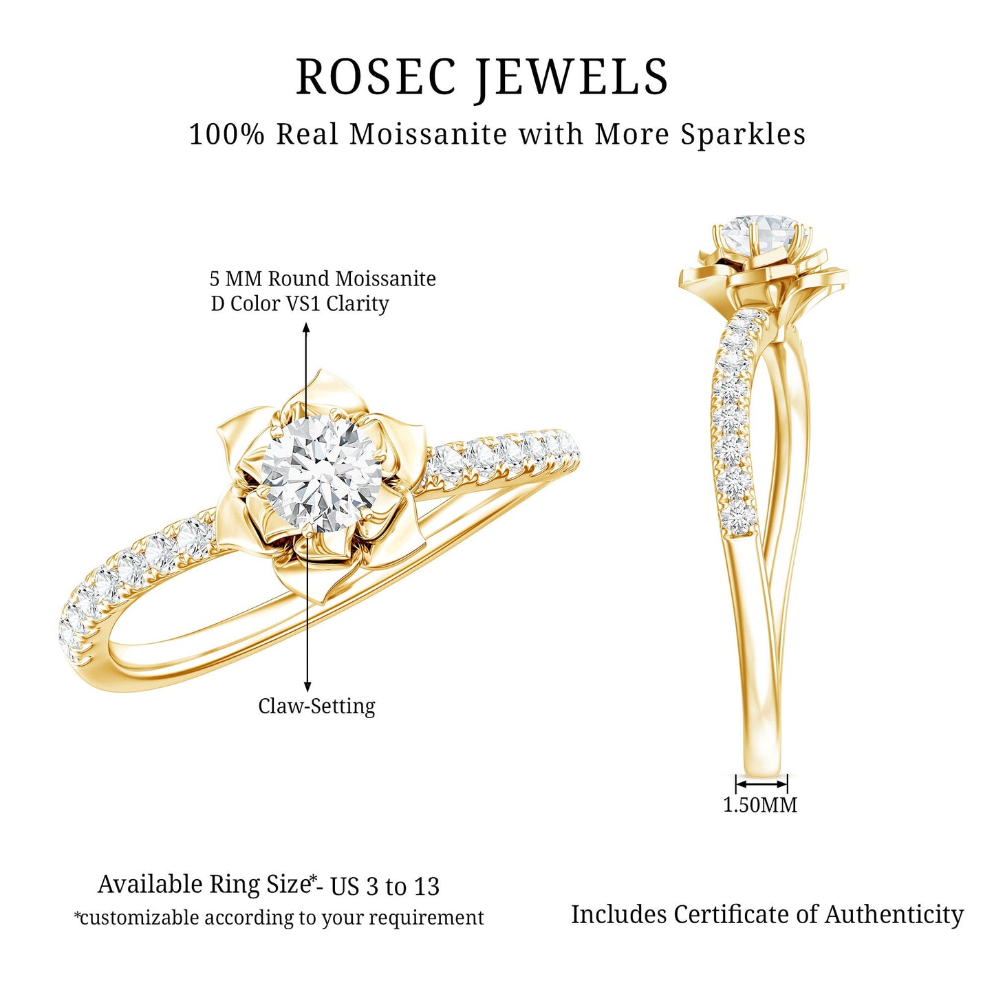 Certified Moissanite Rose Flower Engagement Ring