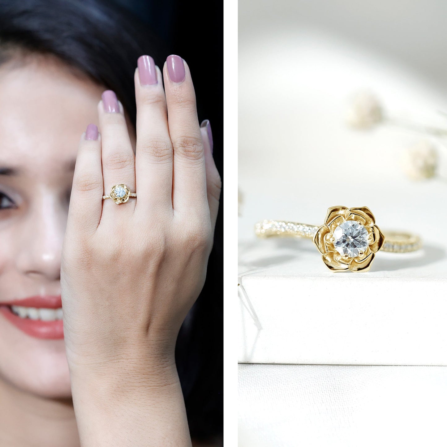 Certified Moissanite Rose Flower Engagement Ring