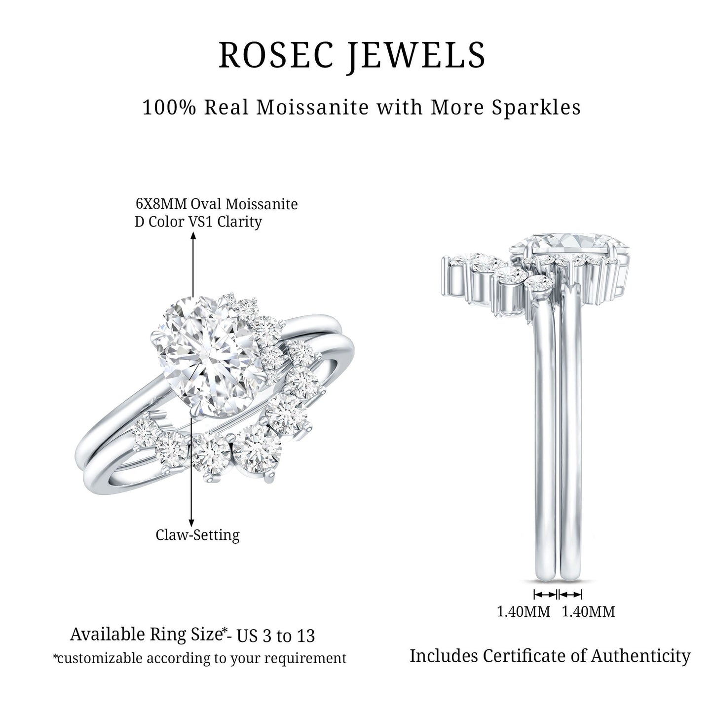 Designer 1.2 Carat Oval Cut Moissanite Wedding Ring Set With Certificate