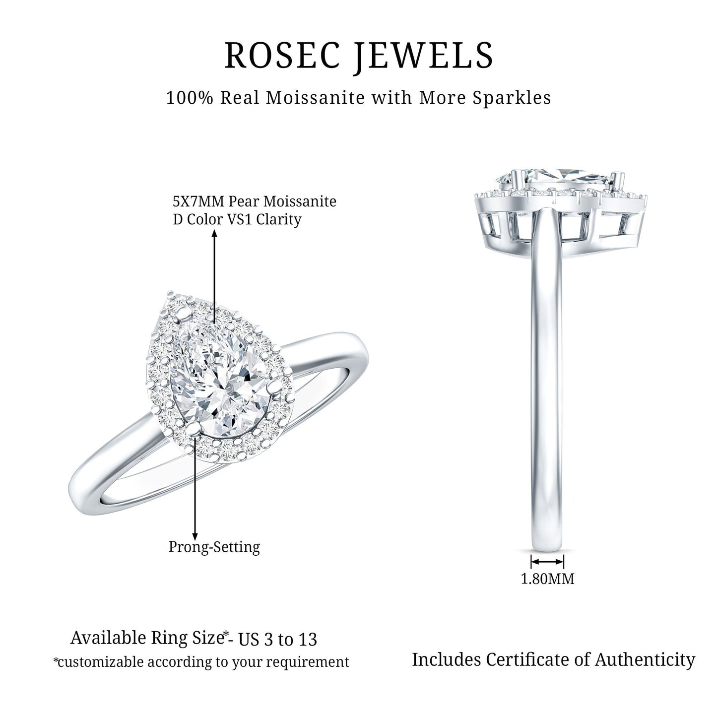 0.7 Carat Brilliant Cut Moissanite Teardrop Engagement Ring