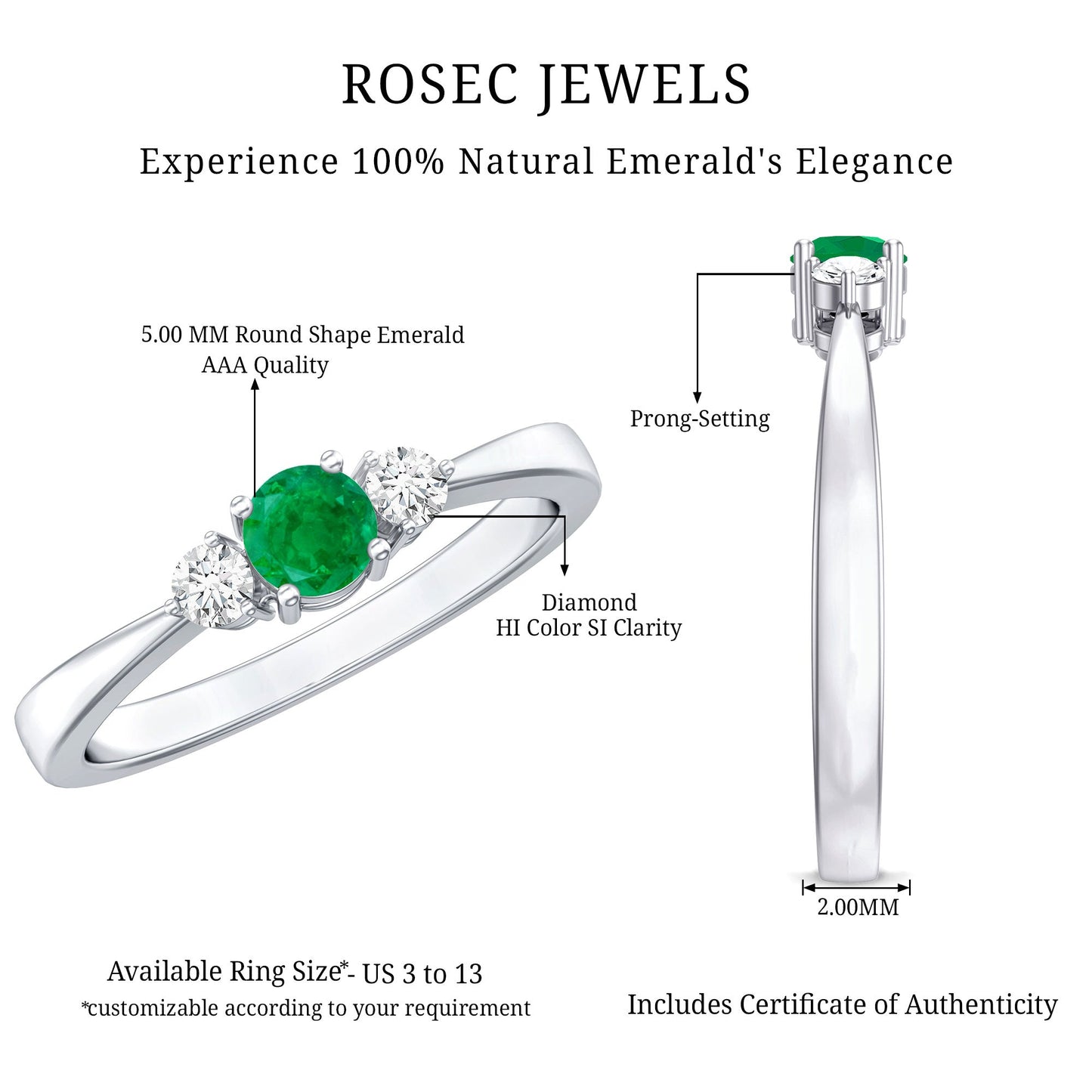 Round Shaped Real Emerald and Diamond Three Stone Promise Ring
