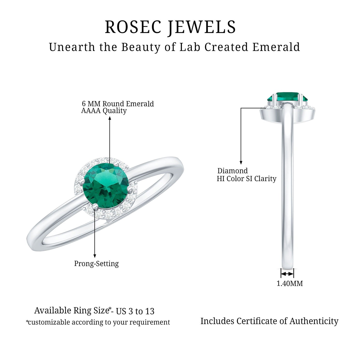 Certified 0.8 Carat Lab Grown Emerald Promise Ring with Diamond Halo