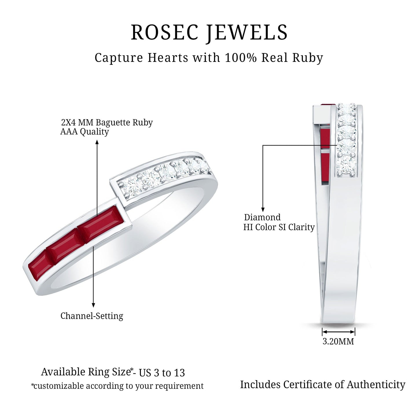 Natural Baguette Ruby Diamond Band Ring for Anniversary
