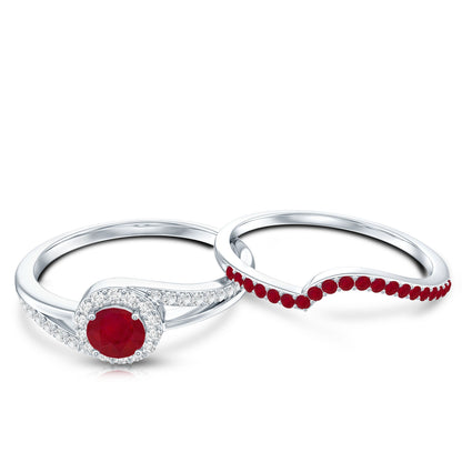Natural Ruby Diamond Wedding Engagement Ring Set for Women