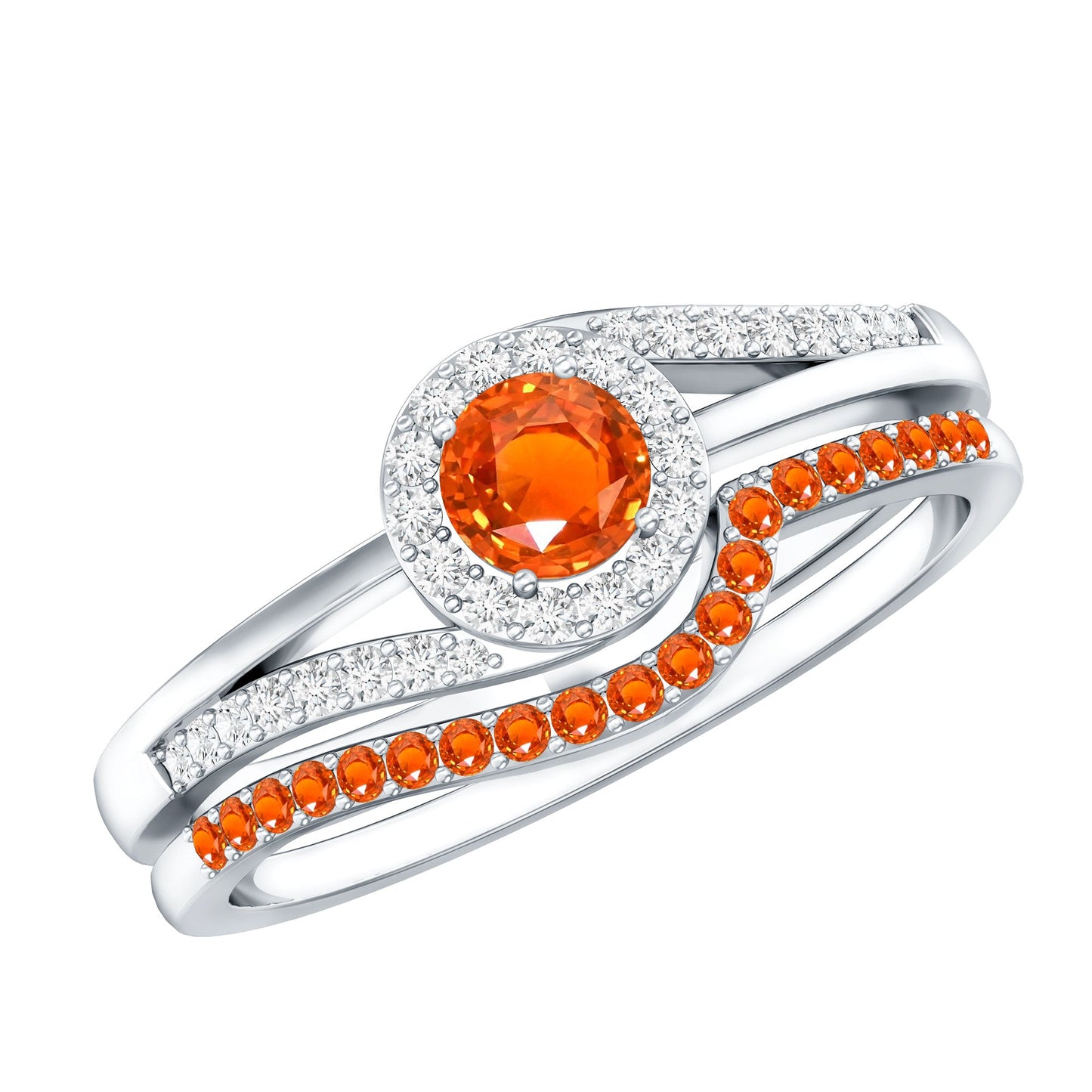 Certified Lab Grown Orange Sapphire Engagement Ring with Diamond Wedding Band