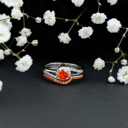 Certified Lab Grown Orange Sapphire Engagement Ring with Diamond Wedding Band