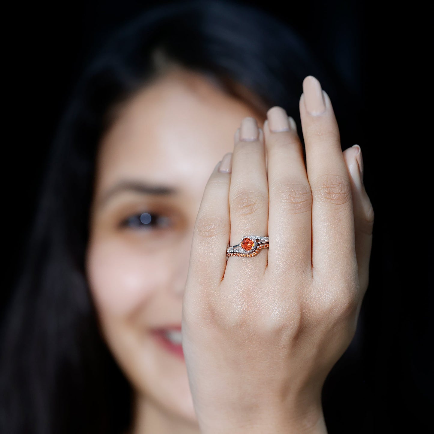 Certified Lab Grown Orange Sapphire Engagement Ring with Diamond Wedding Band